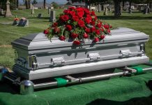 Silver casket with red roses in a cemetery