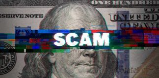 Scam text overlaid on distorted 100 dollar bill