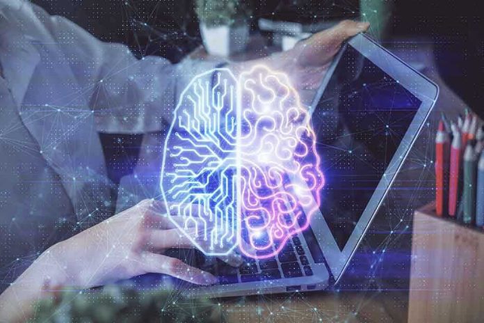 2048543435 Futuristic AI brain hologram above a laptop computer