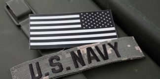 US Navy patch with black and white American flag