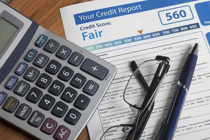 243901528 Calculator and glasses on credit report document