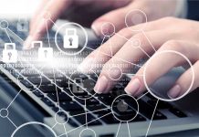 Hands typing with cybersecurity icons overlay