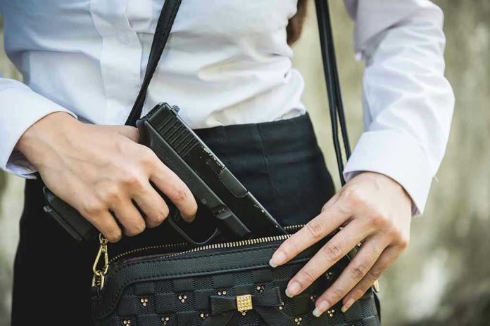 1833767482 Person placing gun into a handbag.