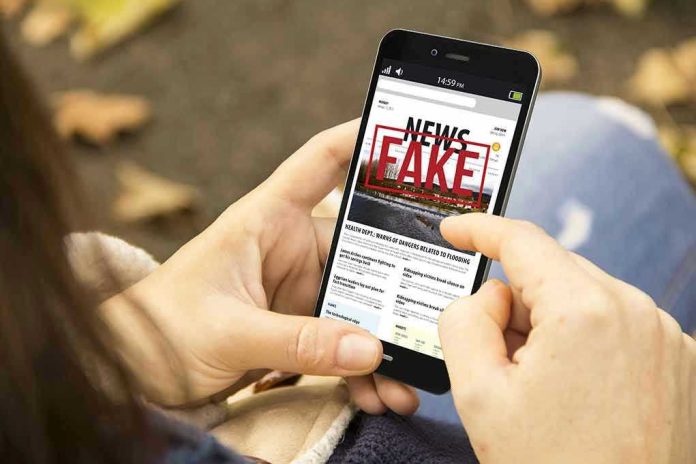 638642296 Person holding smartphone displaying fake news notification