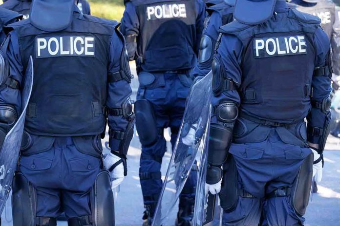 Police officers in riot gear with shields.