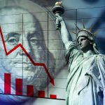 Declining graph, Benjamin Franklin, and Statue of Liberty background.