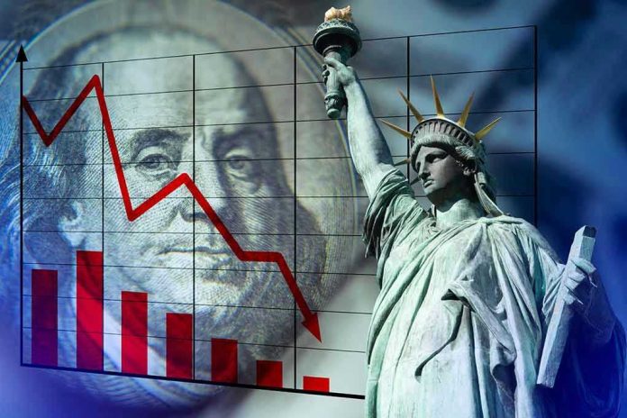 1714660897 Declining graph, Benjamin Franklin, and Statue of Liberty background.