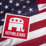 GOP Candidate Pounces on Debate Chaos — State Shifts! Republican symbol on American flag background.