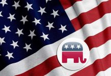 Ramaswamy’s TOXIC Plan Triggers GOP Panic American flag with Republican elephant symbol.
