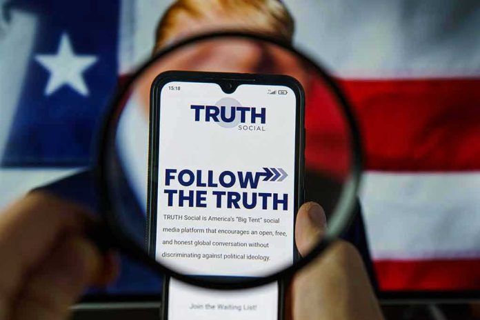 2068203677 Phone screen displaying Truth Social app magnified