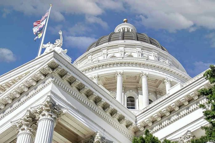 Capitol building dome and flags under a blue sky.
