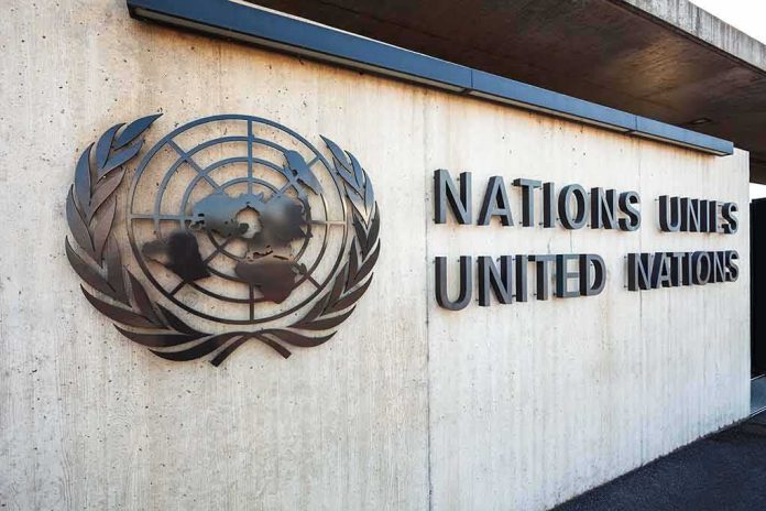 Facade of the United Nations building featuring the UN emblem and text