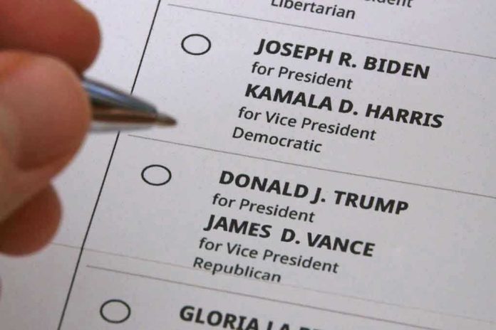 2490077429 Hand holding pen near presidential election ballot.