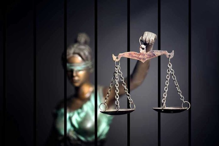 562957564 Blindfolded Lady Justice statue holding scales behind bars.