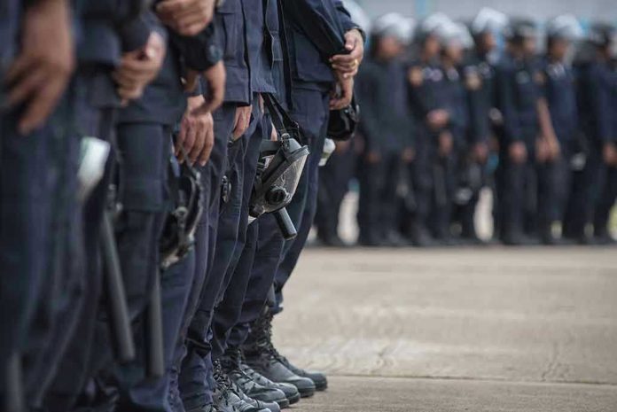 Line of police officers in uniform in formation.