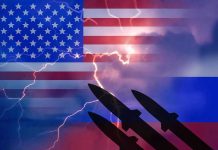 Historic Low: Military Action Support Plummets U.S. and Russian flags with missiles and lightning.