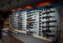 Wall-mounted guns displayed in a store.