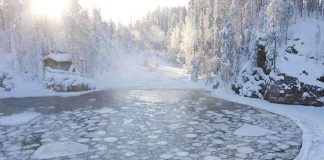 Three Brothers DEAD — Each Died Saving the Other A serene winter landscape featuring a frozen lake surrounded by snow-covered trees and a log cabin