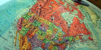 Close-up of a vintage globe highlighting North America