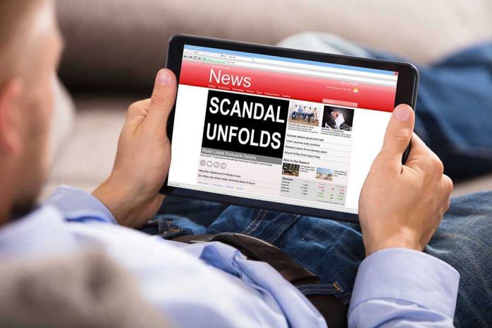 Person reading tablet with headline Scandal Unfolds.