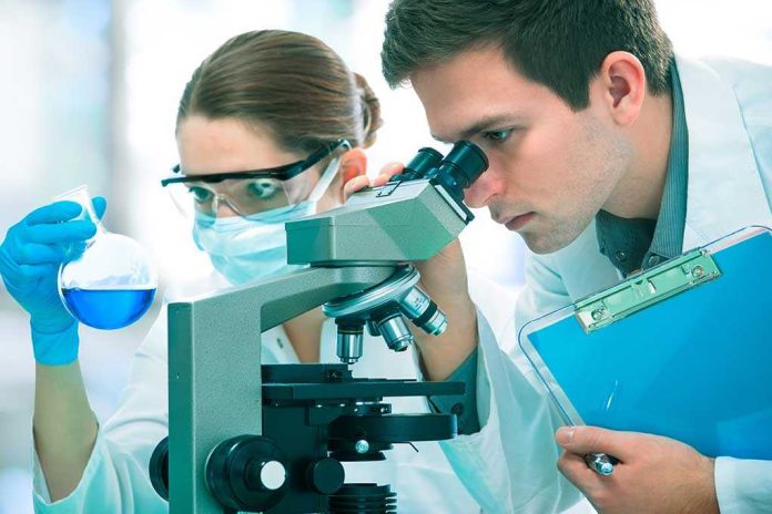Two scientists conducting an experiment in a laboratory, one looking through a microscope and the other holding a flask with blue liquid