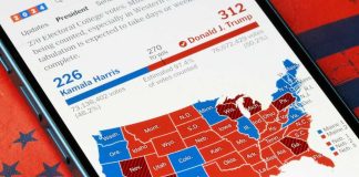 Map showing US election results on smartphone screen