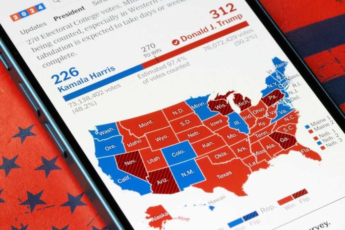 Map showing US election results on smartphone screen