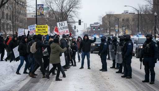 Protesters facing police during a demonstration in winter