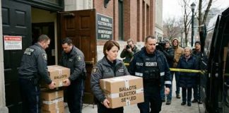 Law enforcement officers transporting sealed ballot boxes outside an election office