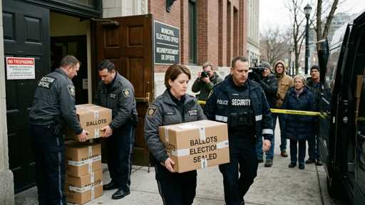 shutterstock_2757718791 Law enforcement officers transporting sealed ballot boxes outside an election office