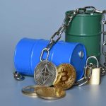 Crypto Cash Funds ISIS Drone Hunt Blue and green oil barrels with cryptocurrency coins and a padlock