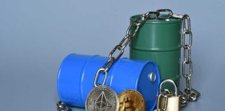 Crypto Cash Funds ISIS Drone Hunt Blue and green oil barrels with cryptocurrency coins and a padlock
