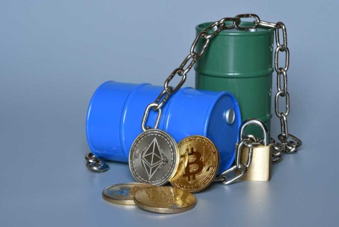 Blue and green oil barrels with cryptocurrency coins and a padlock
