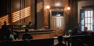 Epstein Files Expose Obama Aide Judge presiding over courtroom with people seated inside.