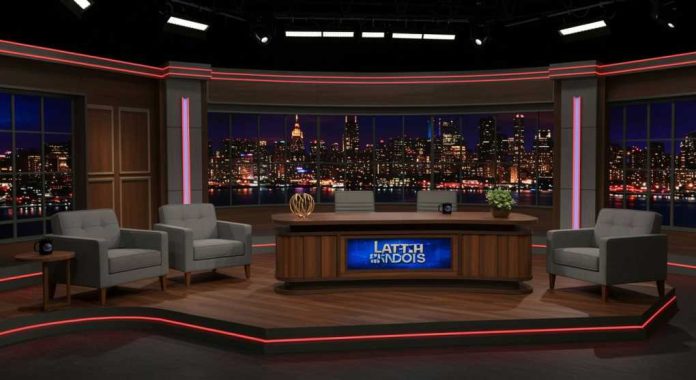 2606974353 Late night talk show set with city backdrop