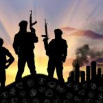 Upstate Activist Tied To ‘Jihad’ Wallet? Three armed silhouettes near a smoky city skyline.