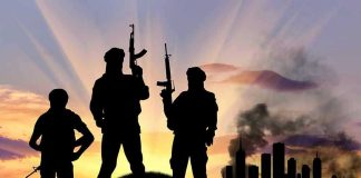 Upstate Activist Tied To ‘Jihad’ Wallet? Three armed silhouettes near a smoky city skyline.