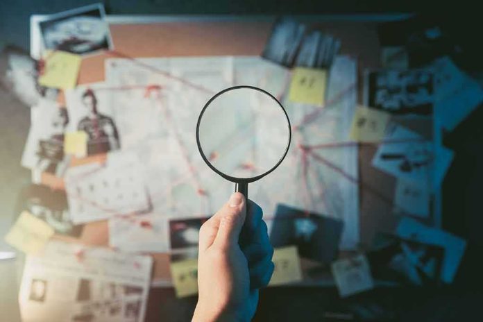 Hand holding magnifying glass over investigation board