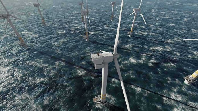 Offshore wind turbines in rough sea from aerial view