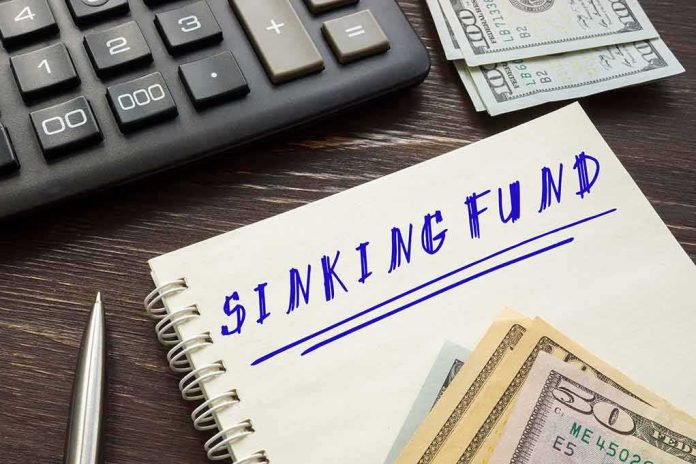 shutterstock_1981230602 Notebook labeled sinking fund beside cash, calculator, and pen