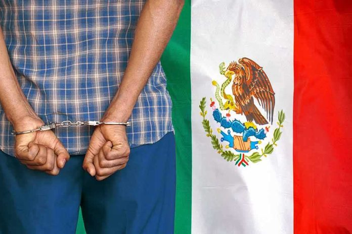 Person in handcuffs beside a tricolor flag with an eagle emblem