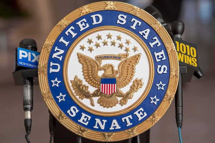 shutterstock_2130082274 United States Senate seal at a podium