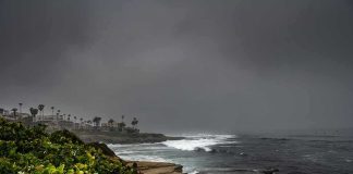 Rocky coastline with waves under dark storm clouds