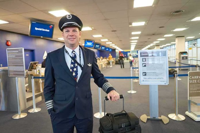 Airline pilot standing in airport check-in area with rolling bag