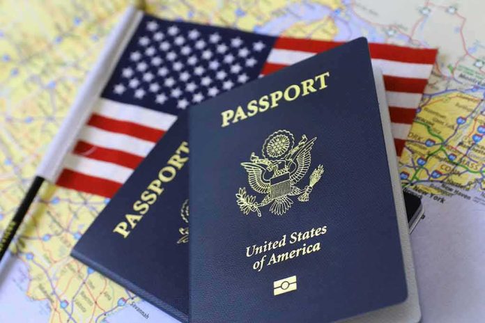 U.S. passports on a map with an American flag