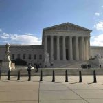 Mistrial Mayhem: Justice Hits a Wall Supreme Court building with flag and people outside.