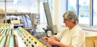 Worker in hair net inspects items on a factory conveyor line