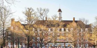 China-Linked Funds Spark Campus Reckoning Students relaxing on a campus quad in front of a brick academic building