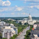 Social Security Cliff vs. Pentagon United States Capitol building with city street and skyline