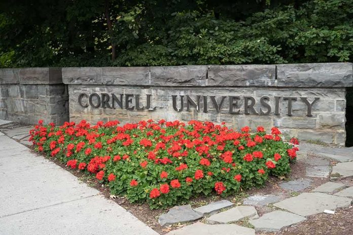 shutterstock_1501705556 Cornell University stone sign with red flowers